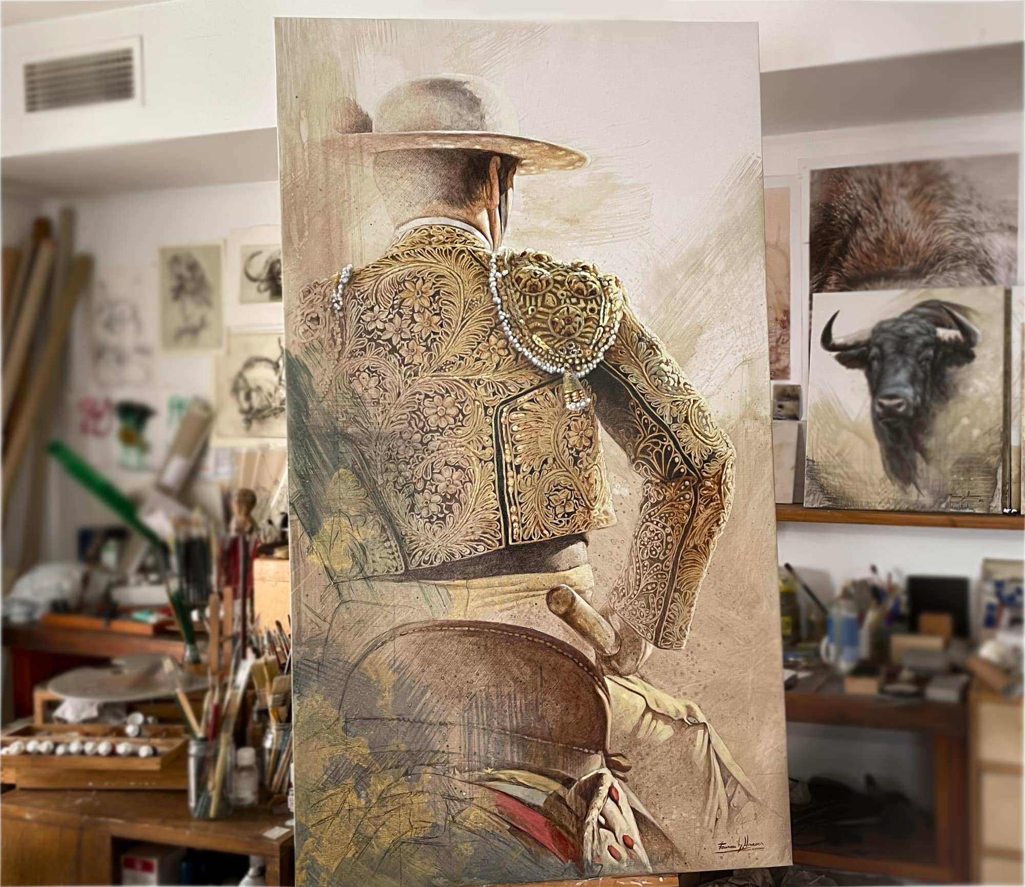 oleo torero picador toro herrera oleo